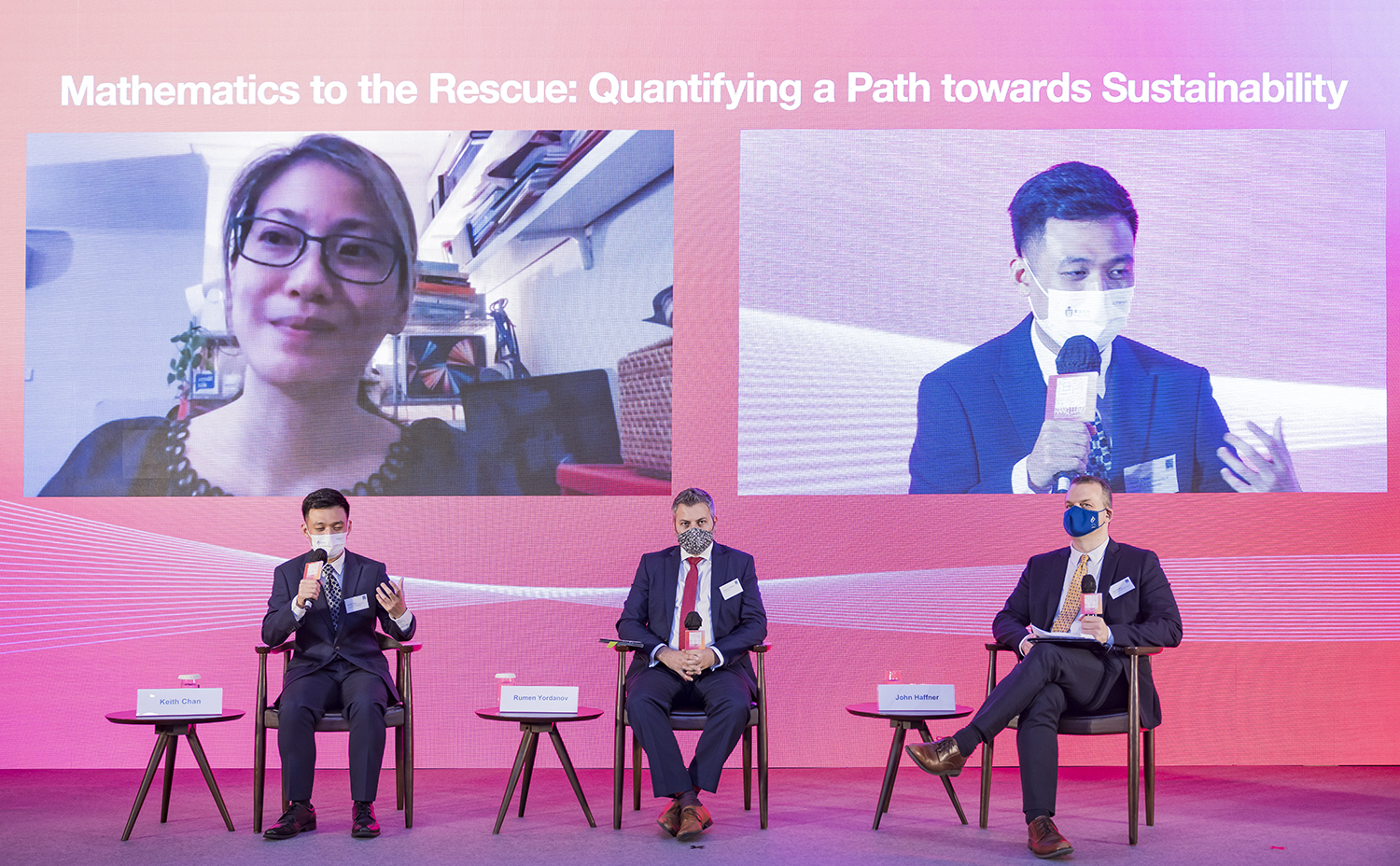 Sustainability experts Ms. Bernise Ang (upper left), Dr. Keith Chan (left), Mr. Rumen Yordanov (middle), and Mr. John Haffner (lower right) sharing their views on