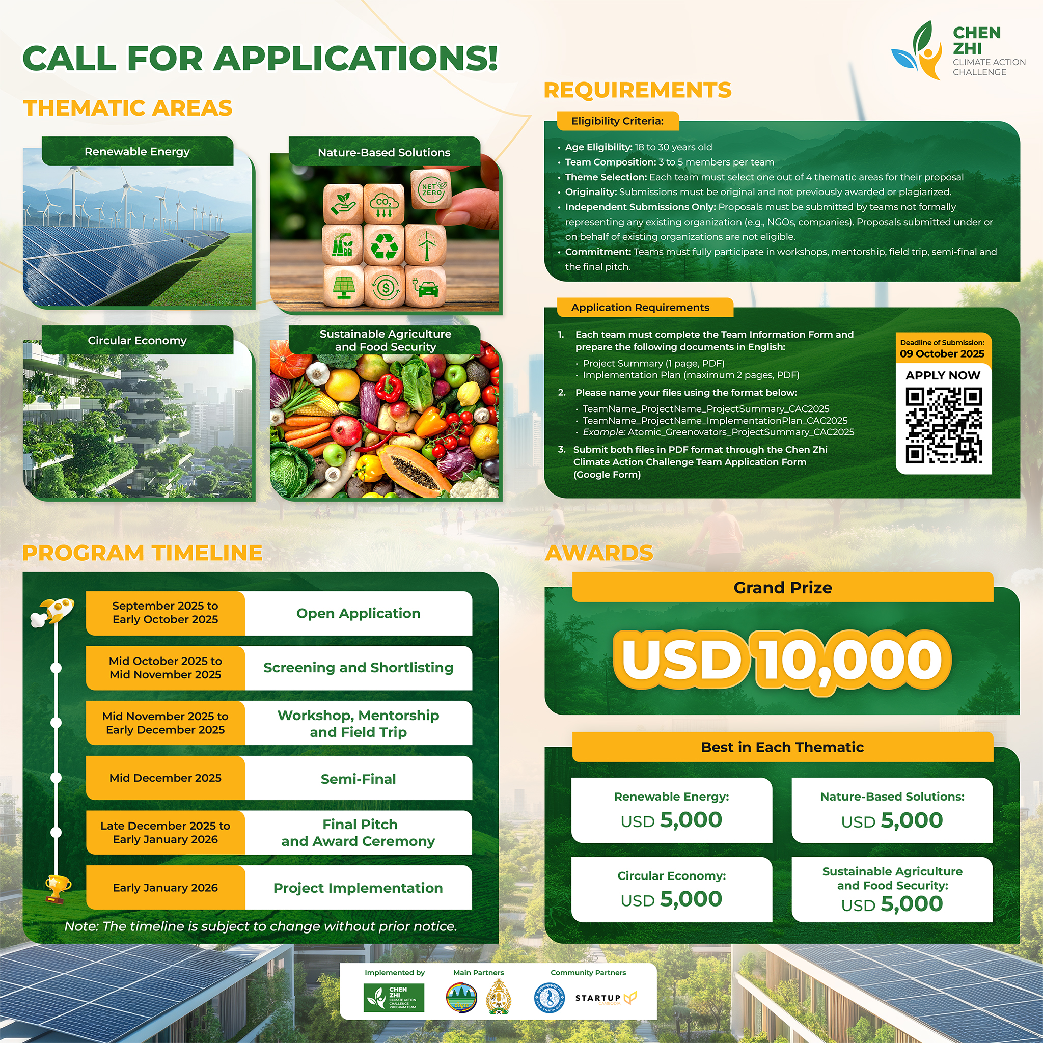 The official launch announcement of the Chen Zhi Climate Action Challenge 2025, calling for applications from Cambodian youth innovators to develop solutions in renewable energy, nature-based solutions, circular economy, and sustainable agriculture and food security.