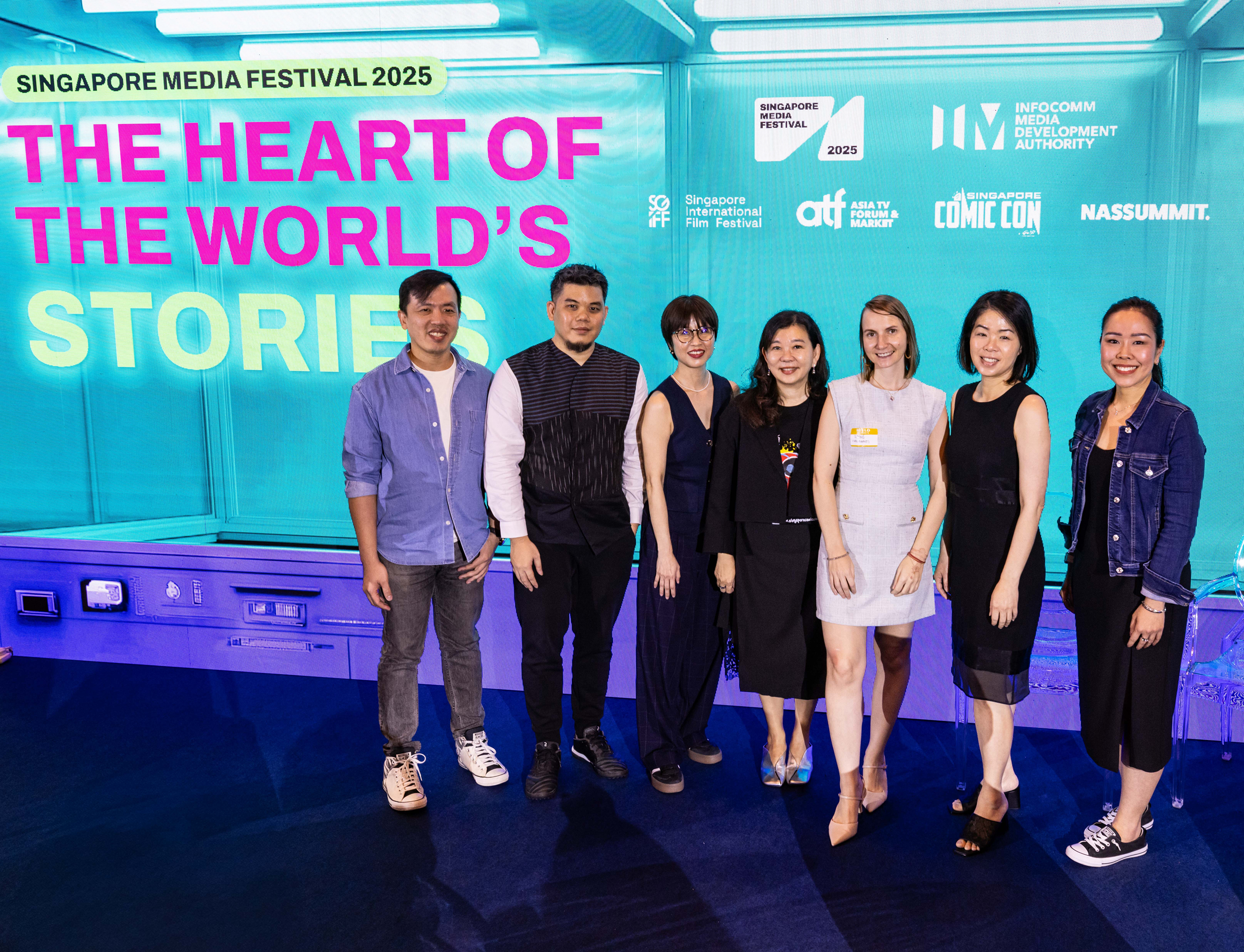 From left to right: Don Chen, Senior Principal Consultant, Media Industry Development, Media Industry Group, Infocomm Media Development Authority (IMDA); Thong Kay Wee, Programme Director, Singapore International Film Festival (SGIFF); Joyce Chua, Senior Project Manager, RX Global, Asia TV Forum & Market (ATF); Michelle Lim, Founder & CEO of Generation Experience Pte Ltd, event organiser for Singapore Comic Con, Creators Con; Diko Kissimon, Business Director, 1000Media & Nas Daily & Head of Nas Summit; Yvonne Tang, Assistant Chief Executive, Media Industry Group, Infocomm Media Development Authority (IMDA); Veronica Yong, Director of Marketing and New Media, Infocomm Media Development Authority (IMDA).