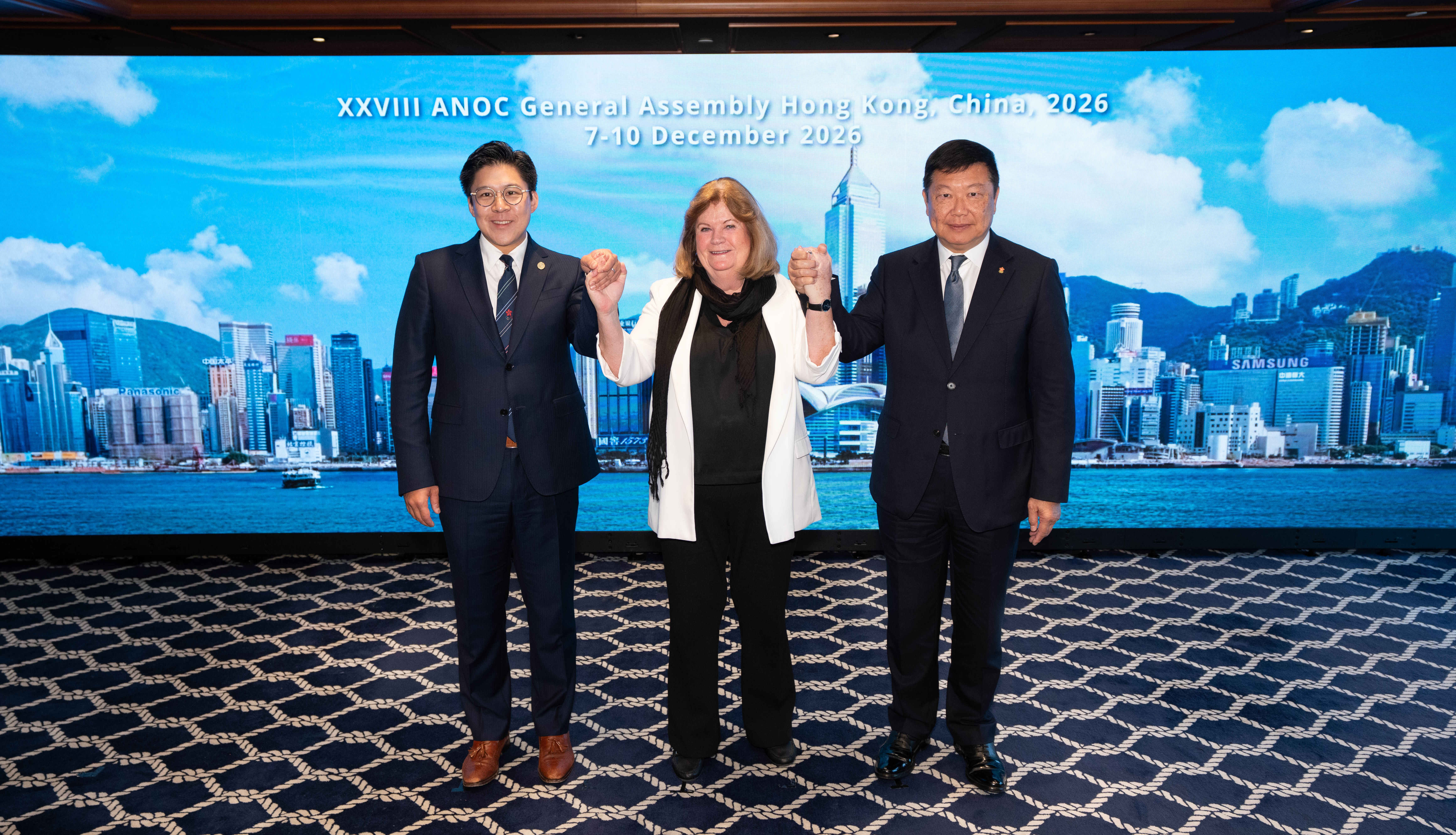 The One-Year Countdown Kick-Off Press Conference of the XXVIII ANOC General Assembly took place today. Officiating guests who launched the event included (from left) Mr Kenneth FOK, Chairperson of XXVIII ANOC GA HK, China, 2026 Steering Committee cum Vice President of SF&OC; Mrs Gunilla LINDBERG, ANOC Secretary General, International Olympic Committee Member; and Mr Edgar YANG, Vice Chairperson of XXVIII ANOC GA HK, China, 2026 Steering Committee cum Hon. Secretary General, SF&OC.