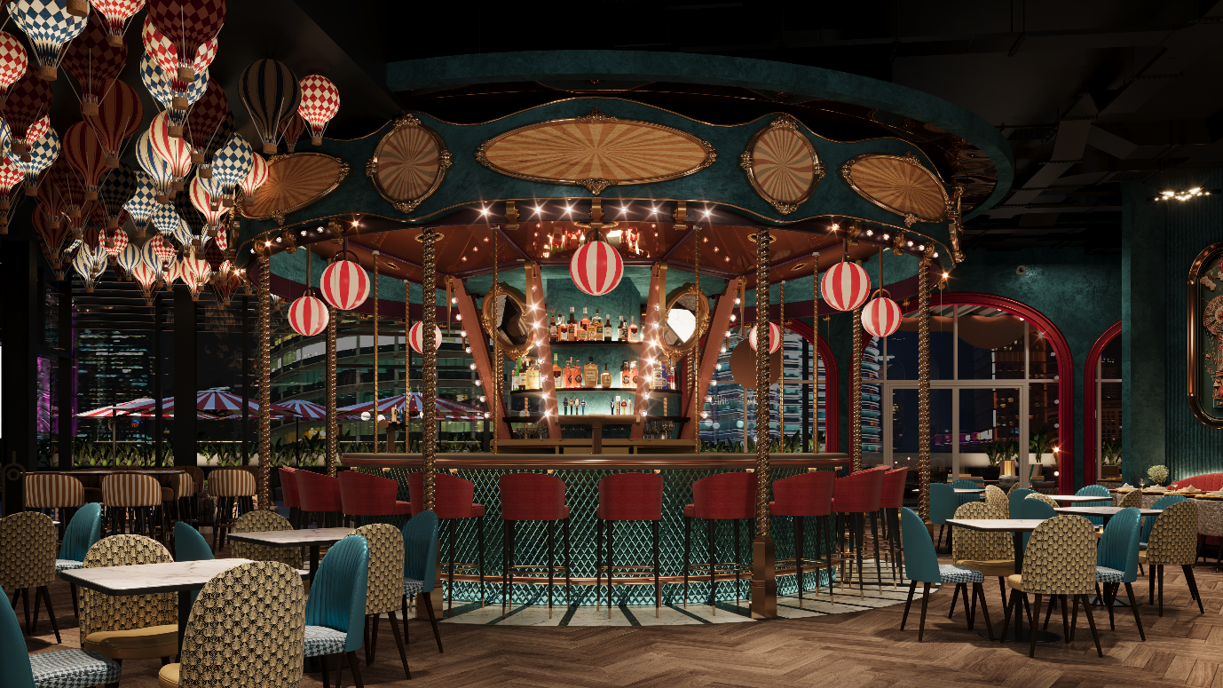The Carousel Bar - Inspired by a classic carnival ride, this circular bar is the heartbeat of Carousel & Co., serving handcrafted cocktails and shareable bites.