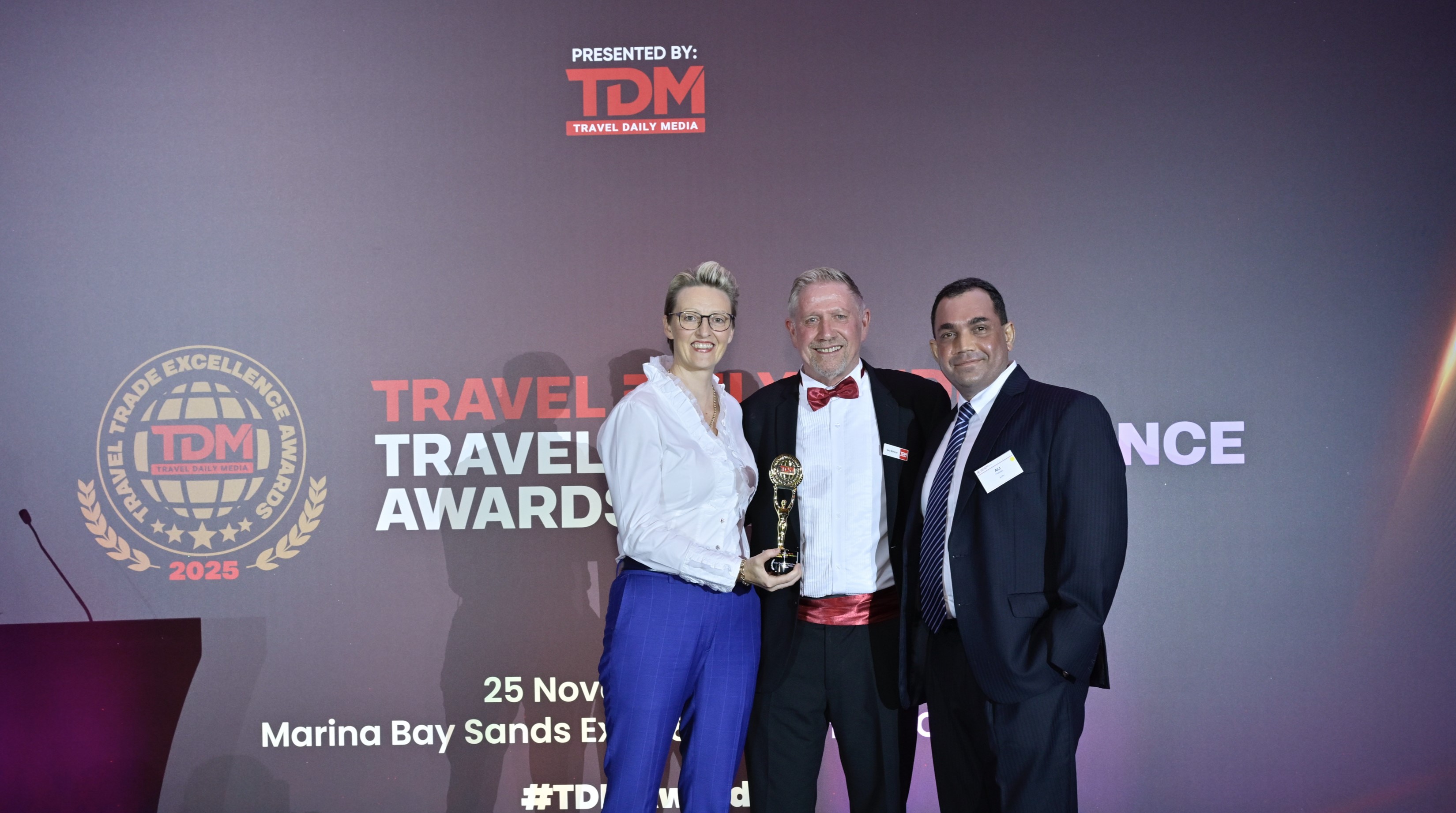 Photo caption: (Left to Right) Kelly Jones, Managing Director of ATPI Taiwan; Gary Marshall, CEO of Travel Daily Media; and Ali Hussain, Managing Director of ATPI Asia, at the TDM Travel Trade Excellence Awards 2025 – Asia