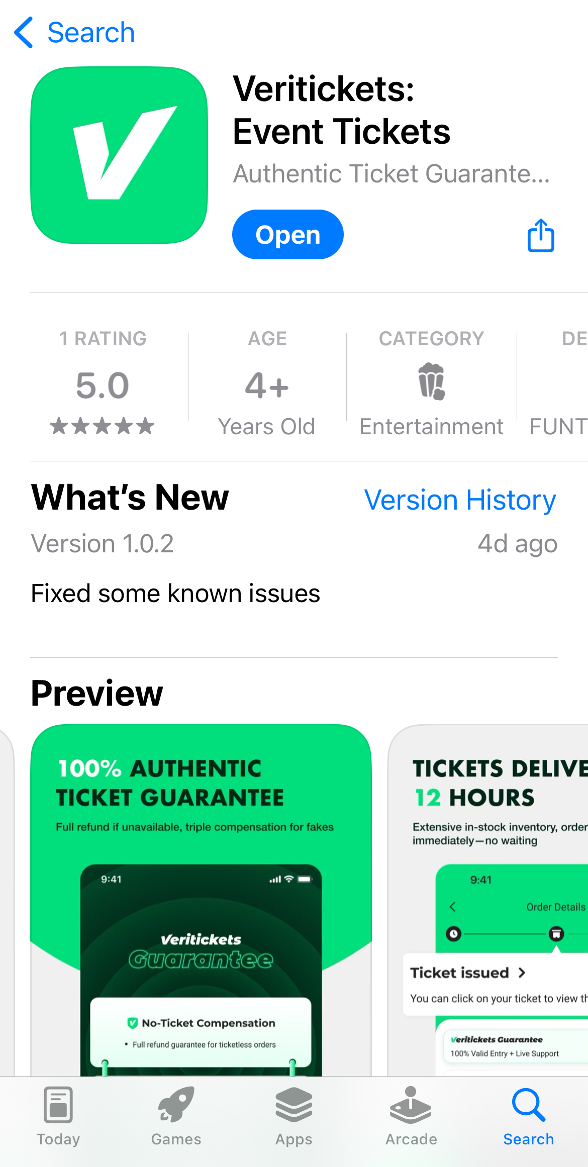 Screenshot of the Veritickets app, now available for both iOS and Android users.