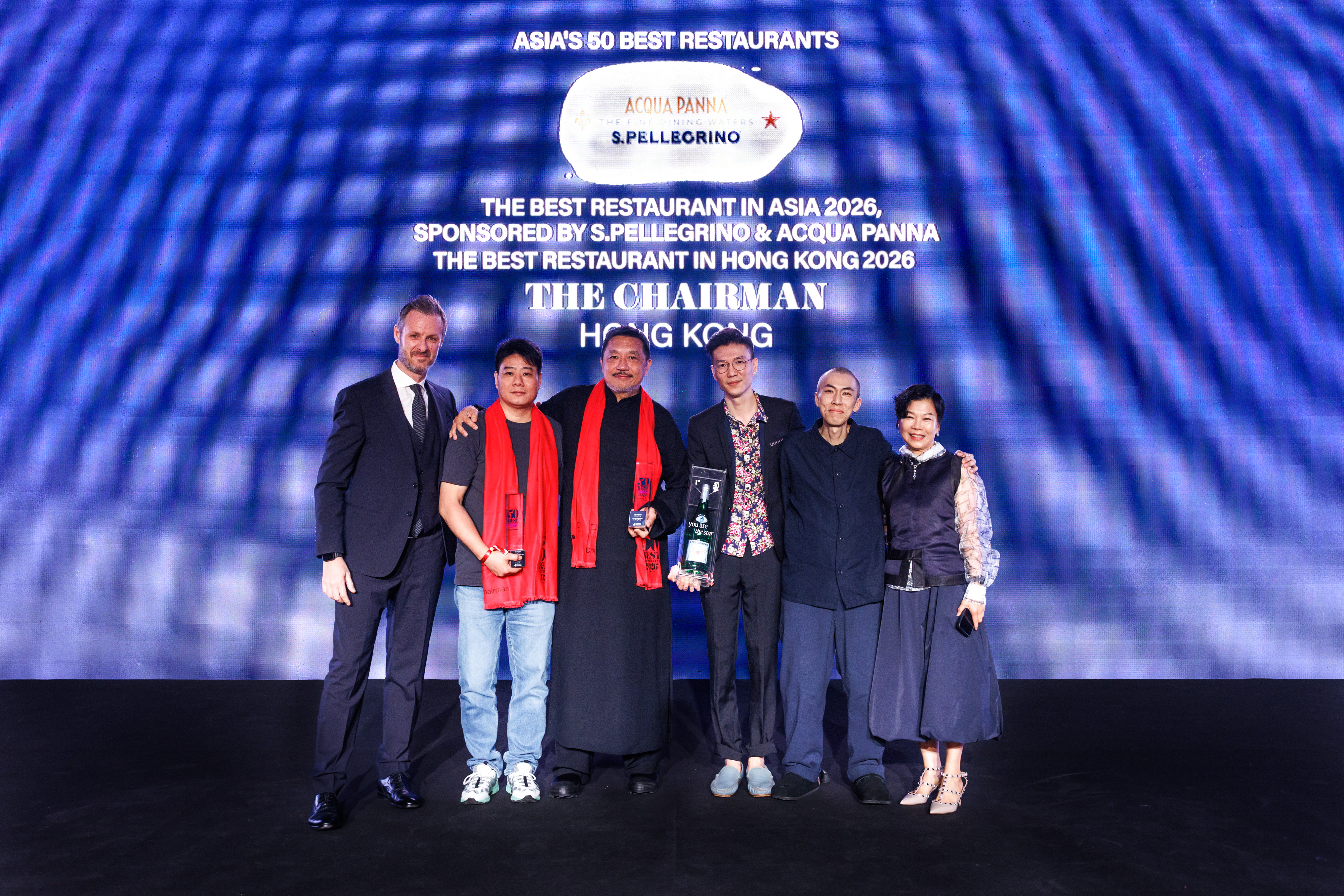 The team from top local Cantonese restaurant The Chairman accept the top prize on stage at the Asia’s 50 Best Restaurants 2026 Awards.