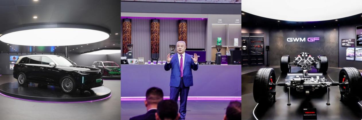 Left — GWM ONE Platform; Center — GWM CEO Mu Feng Delivers Keynote Speechat Auto China 2026; Right — High-Performance V8
